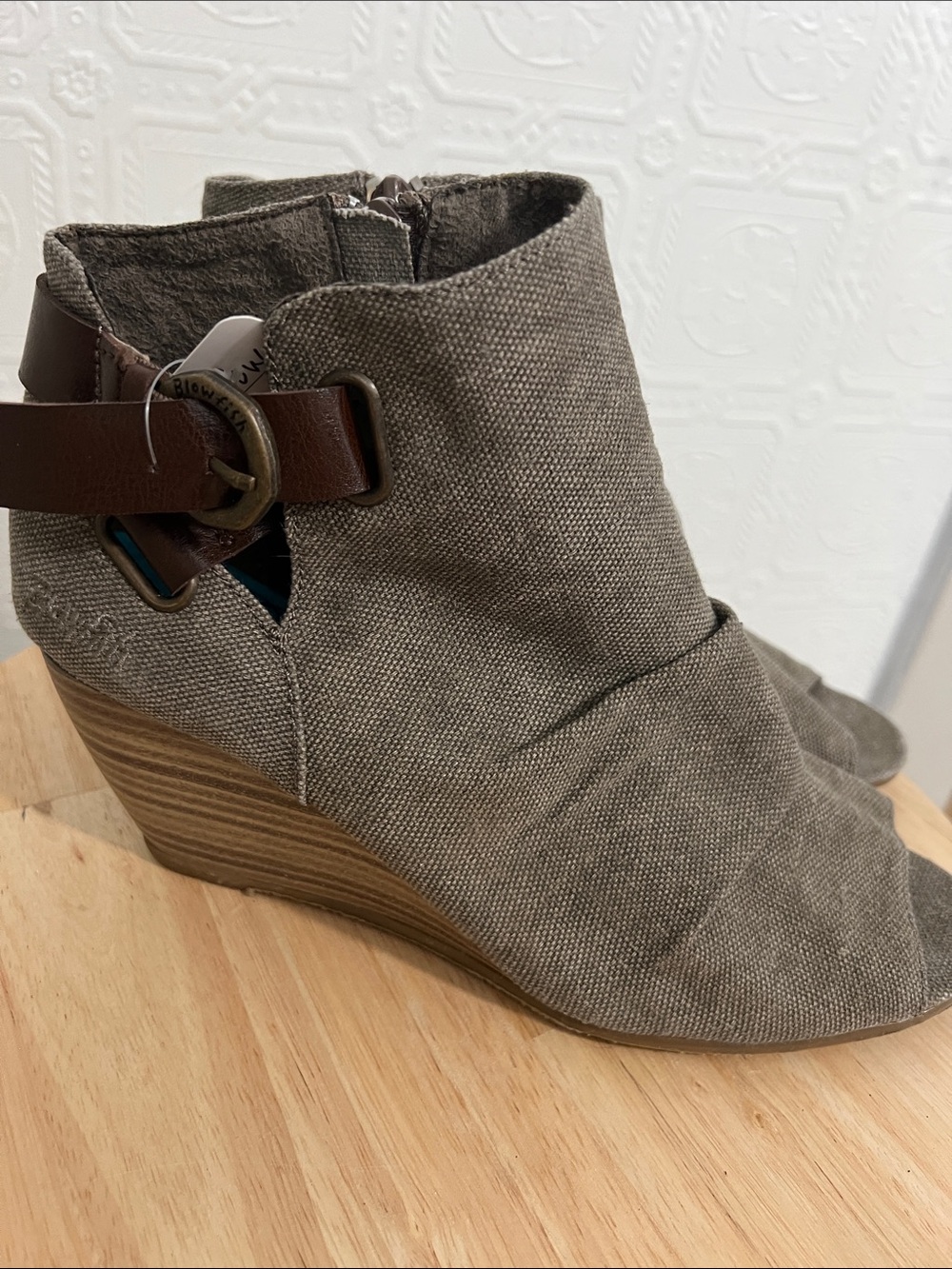 Blowfish Taupe Canvas Peep-Toe Wedge Booties with Brown Strap